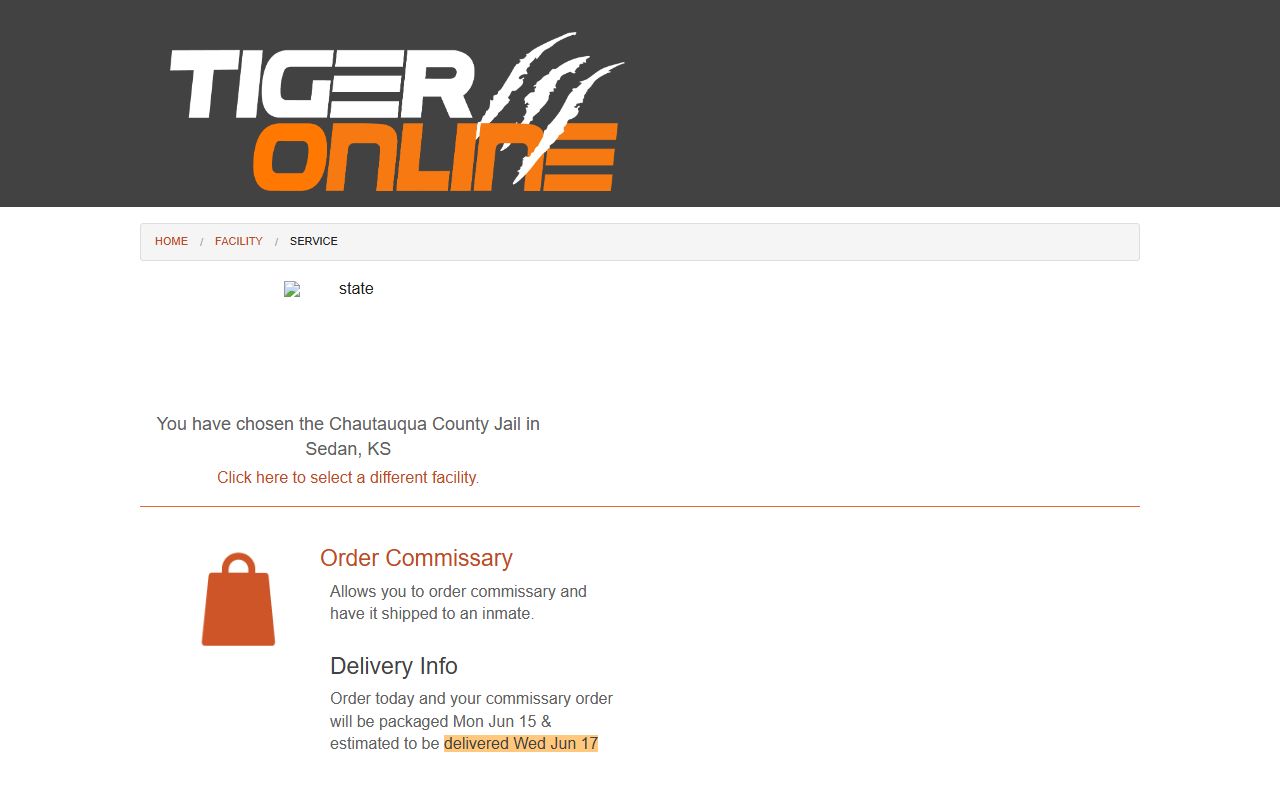 Chautauqua County Jail commissary service page